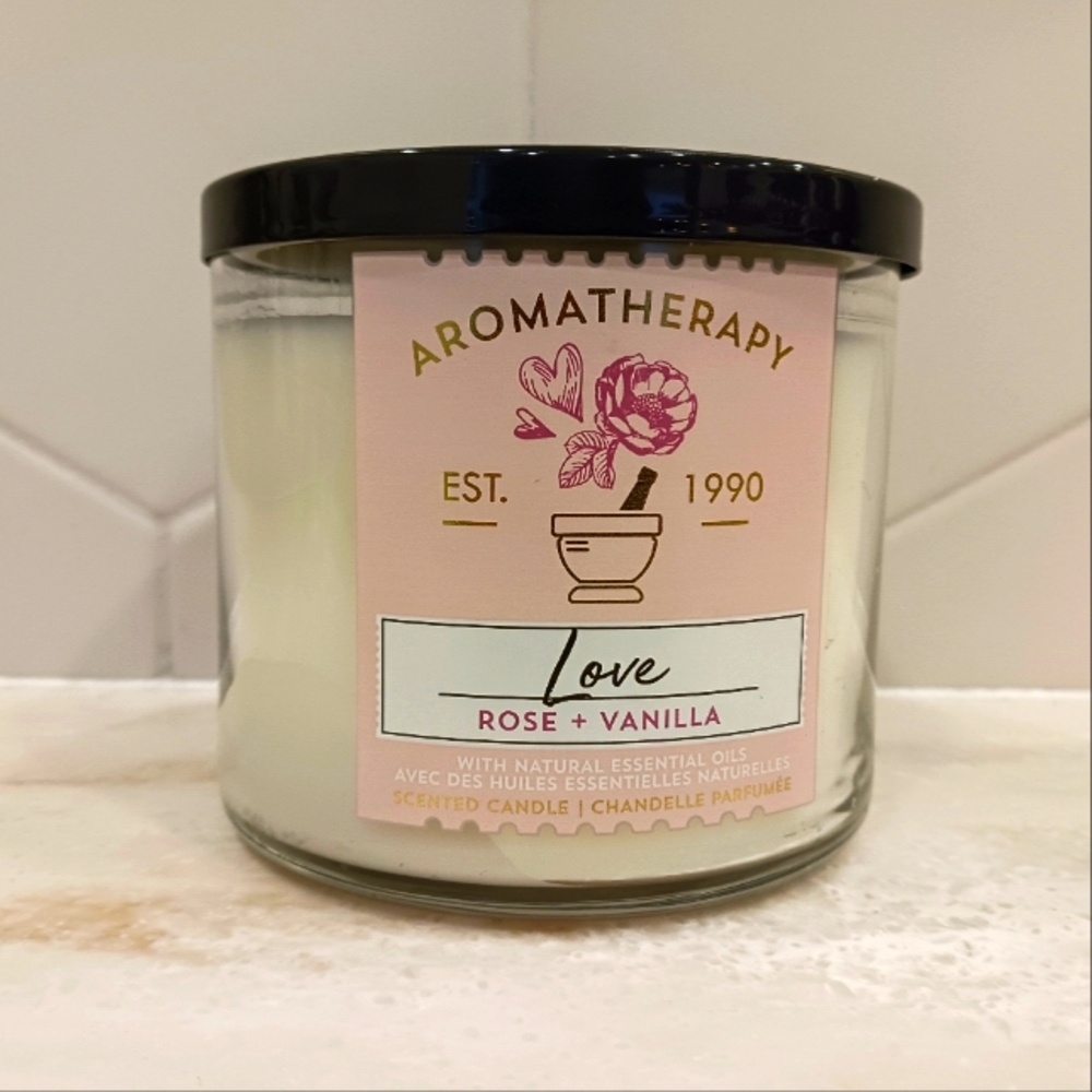 Bath and Bodyworks Three Wick Candle, Aromatherapy Love, Rose and Vanilla